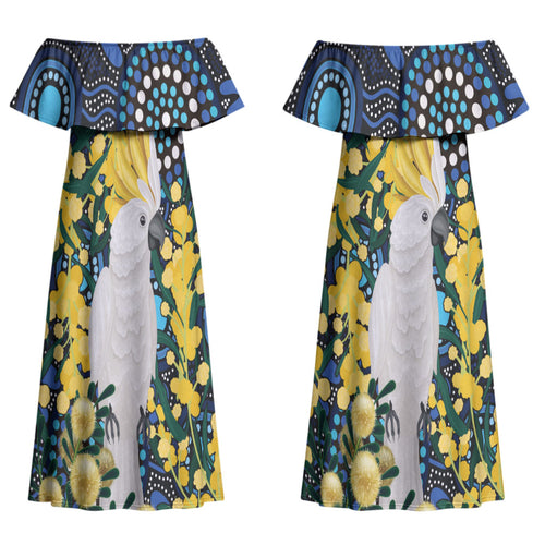 Australia Golden Wattle Couples Matching Off Shoulder Maxi Dress and Long Sleeve Button Shirt Aussie Cockatoo Aboriginal Art