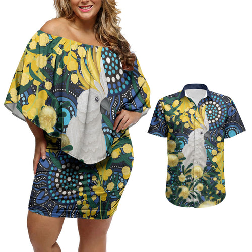 Australia Golden Wattle Couples Matching Off Shoulder Short Dress and Hawaiian Shirt Aussie Cockatoo Aboriginal Art