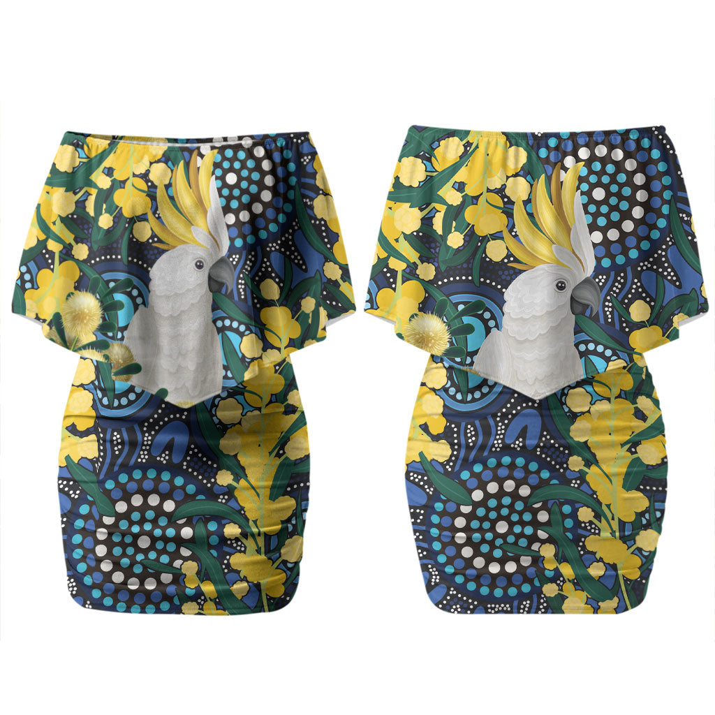 Australia Golden Wattle Couples Matching Off Shoulder Short Dress and Hawaiian Shirt Aussie Cockatoo Aboriginal Art