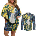Australia Golden Wattle Couples Matching Off Shoulder Short Dress and Long Sleeve Button Shirt Aussie Cockatoo Aboriginal Art