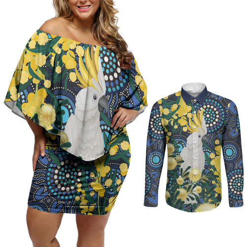 Australia Golden Wattle Couples Matching Off Shoulder Short Dress and Long Sleeve Button Shirt Aussie Cockatoo Aboriginal Art