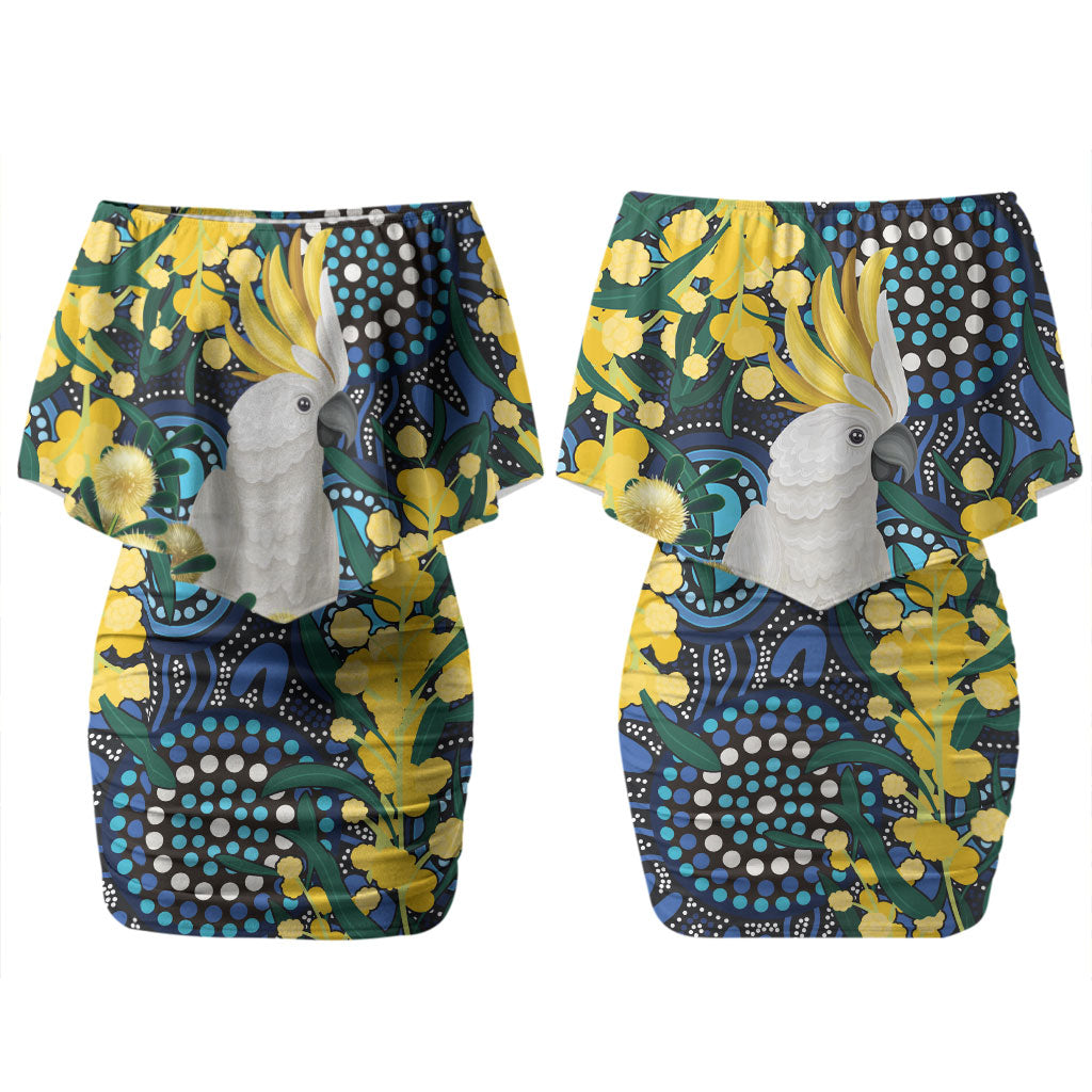 Australia Golden Wattle Couples Matching Off Shoulder Short Dress and Long Sleeve Button Shirt Aussie Cockatoo Aboriginal Art