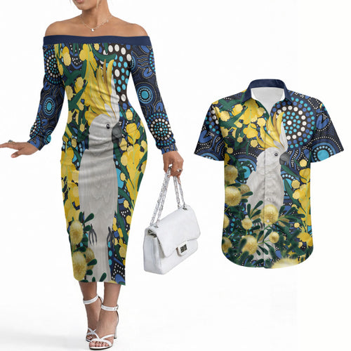 Australia Golden Wattle Couples Matching Off The Shoulder Long Sleeve Dress and Hawaiian Shirt Aussie Cockatoo Aboriginal Art