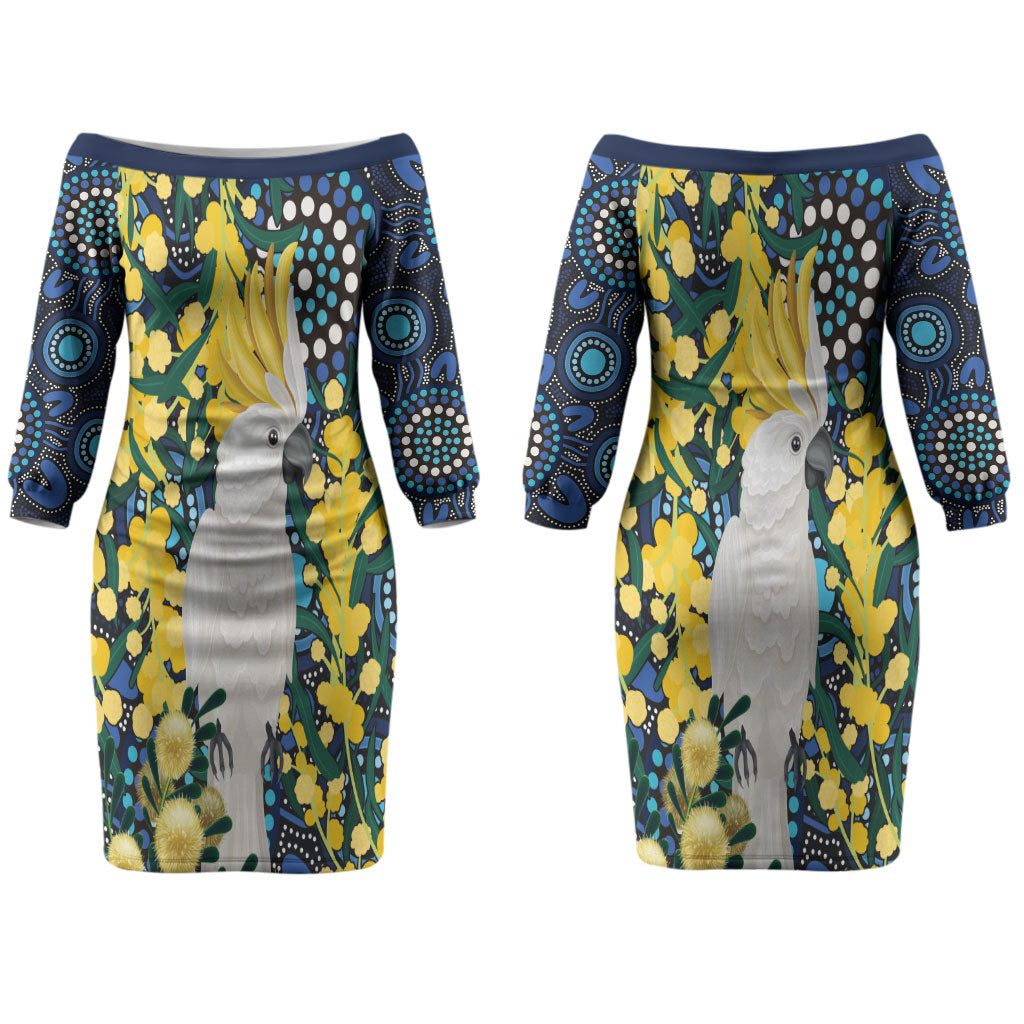 Australia Golden Wattle Couples Matching Off The Shoulder Long Sleeve Dress and Hawaiian Shirt Aussie Cockatoo Aboriginal Art