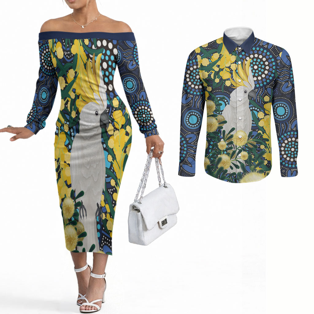 Australia Golden Wattle Couples Matching Off The Shoulder Long Sleeve Dress and Long Sleeve Button Shirt Aussie Cockatoo Aboriginal Art