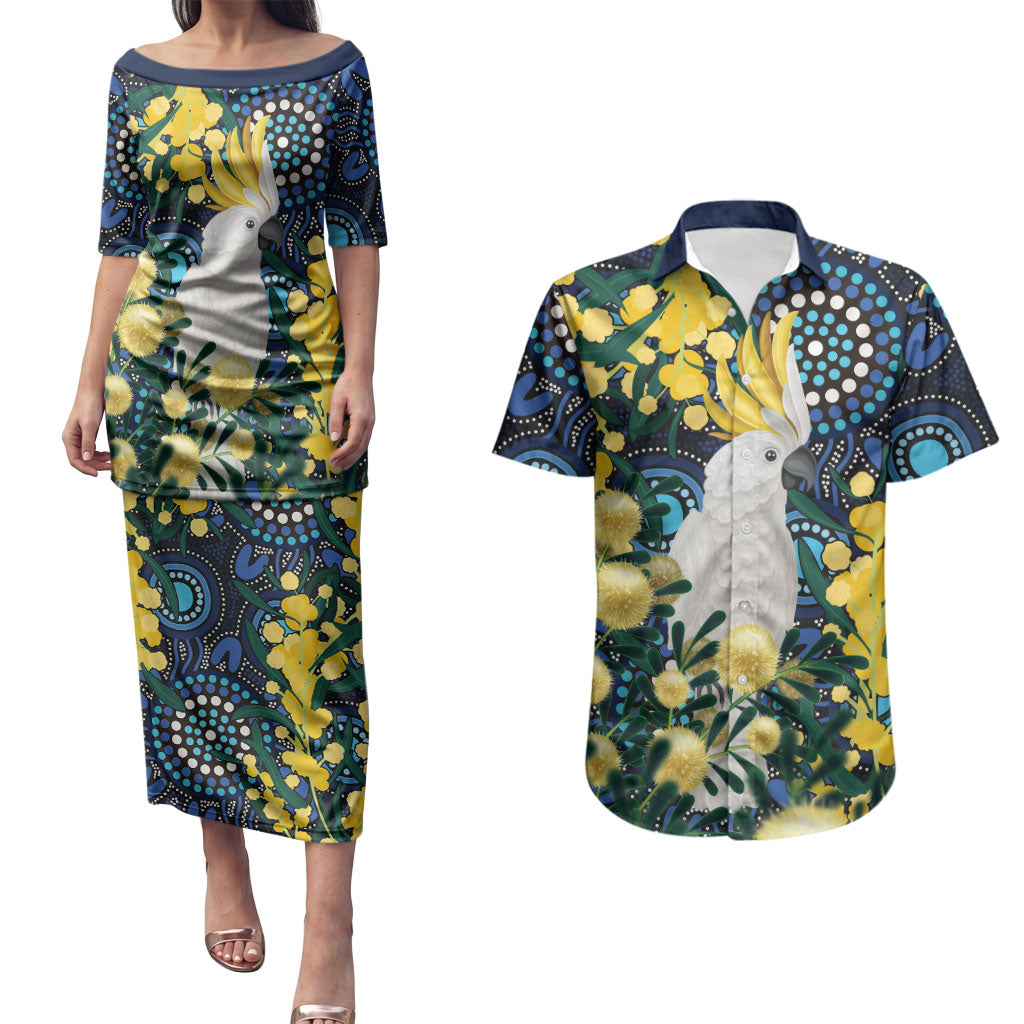 Australia Golden Wattle Couples Matching Puletasi and Hawaiian Shirt Aussie Cockatoo Aboriginal Art