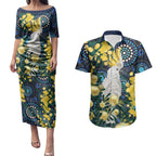 Australia Golden Wattle Couples Matching Puletasi and Hawaiian Shirt Aussie Cockatoo Aboriginal Art