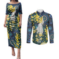 Australia Golden Wattle Couples Matching Puletasi and Long Sleeve Button Shirt Aussie Cockatoo Aboriginal Art