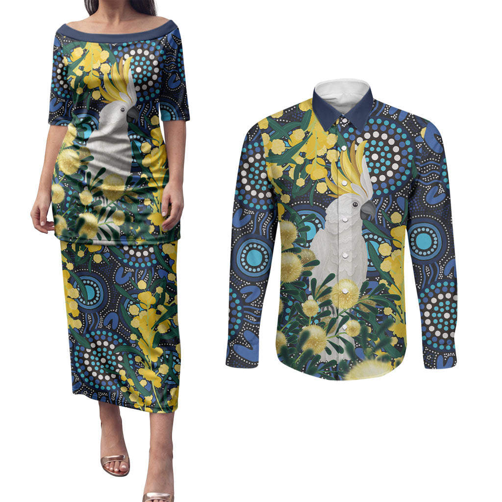 Australia Golden Wattle Couples Matching Puletasi and Long Sleeve Button Shirt Aussie Cockatoo Aboriginal Art
