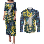Australia Golden Wattle Couples Matching Puletasi and Long Sleeve Button Shirt Aussie Cockatoo Aboriginal Art