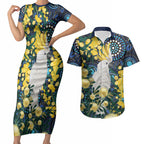 Australia Golden Wattle Couples Matching Short Sleeve Bodycon Dress and Hawaiian Shirt Aussie Cockatoo Aboriginal Art