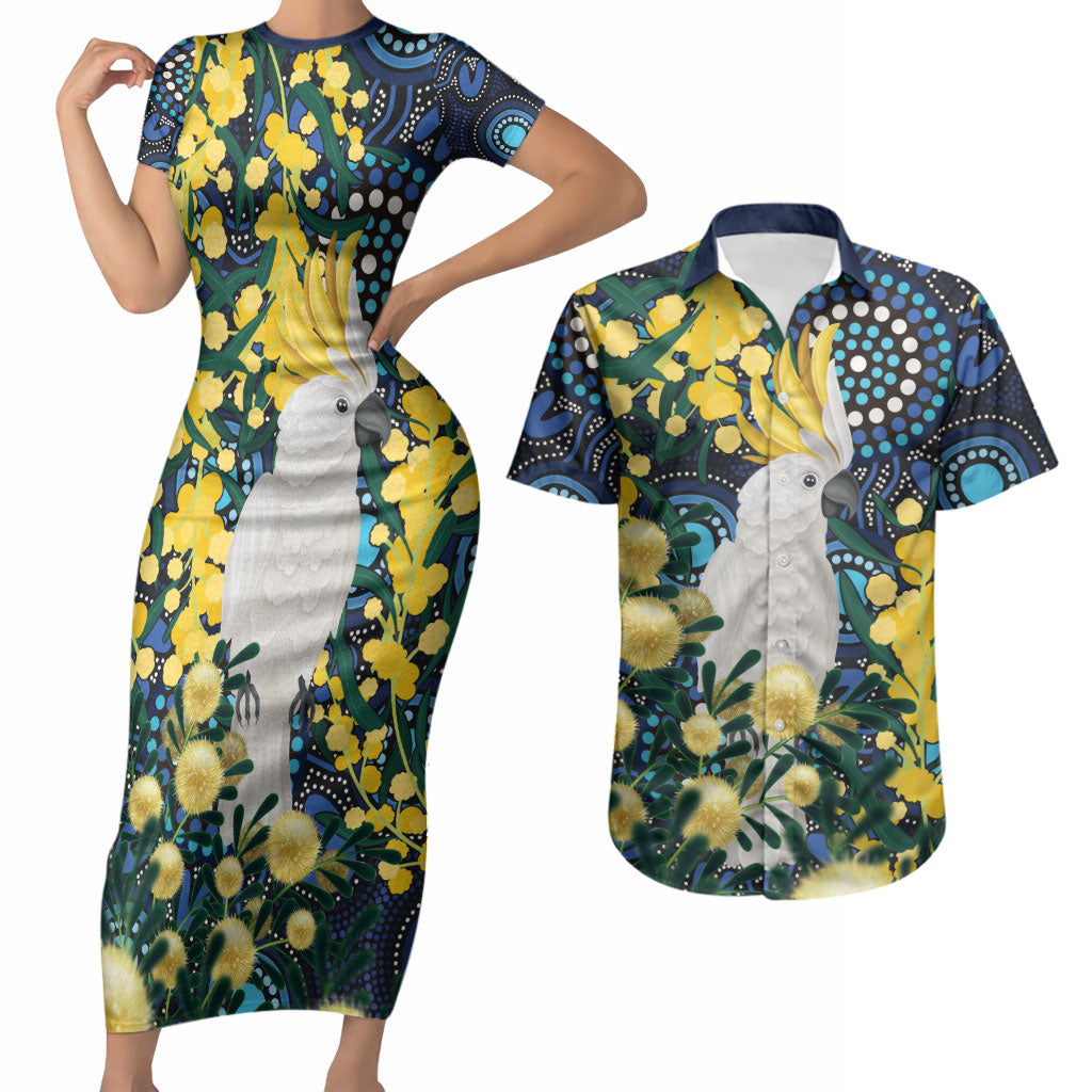 Australia Golden Wattle Couples Matching Short Sleeve Bodycon Dress and Hawaiian Shirt Aussie Cockatoo Aboriginal Art