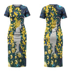 Australia Golden Wattle Couples Matching Short Sleeve Bodycon Dress and Hawaiian Shirt Aussie Cockatoo Aboriginal Art