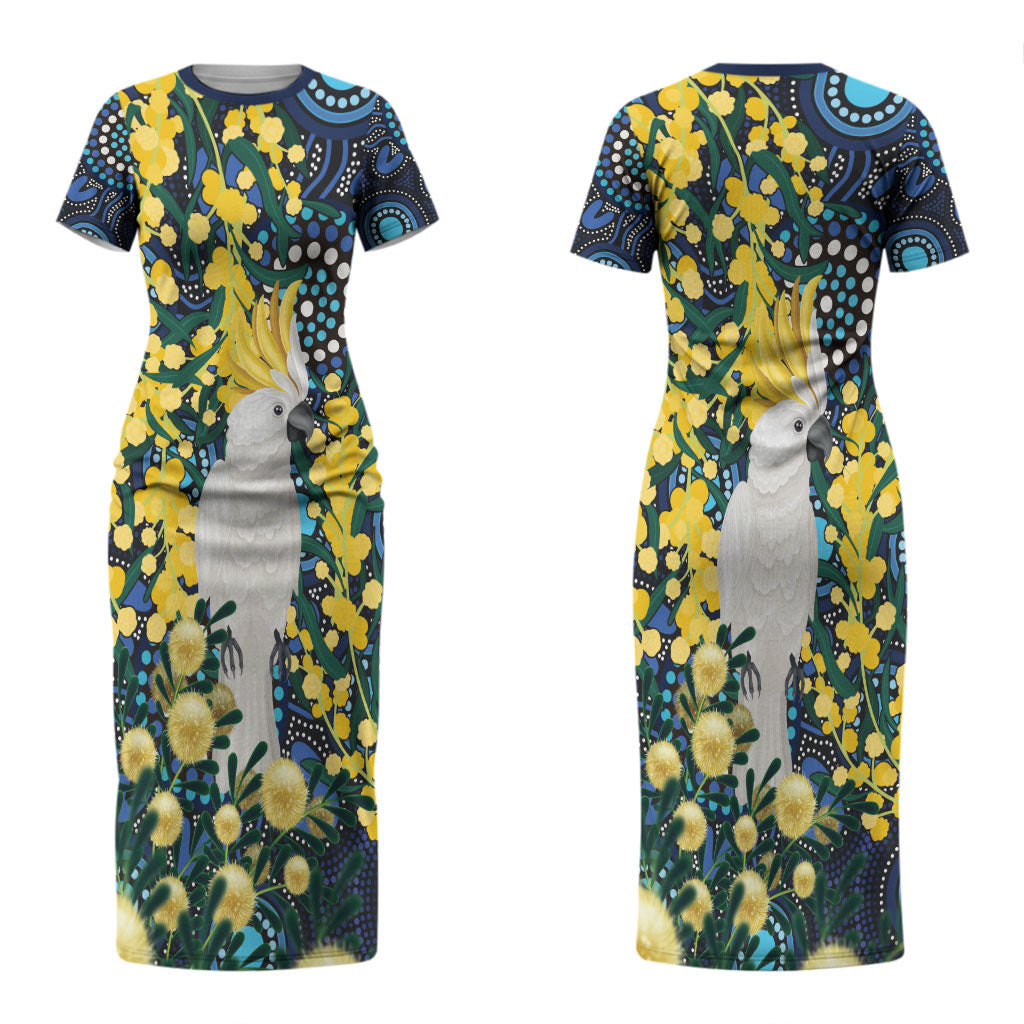 Australia Golden Wattle Couples Matching Short Sleeve Bodycon Dress and Hawaiian Shirt Aussie Cockatoo Aboriginal Art