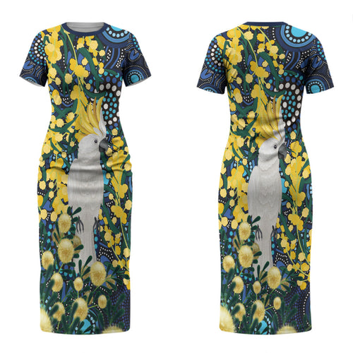 Australia Golden Wattle Couples Matching Short Sleeve Bodycon Dress and Hawaiian Shirt Aussie Cockatoo Aboriginal Art