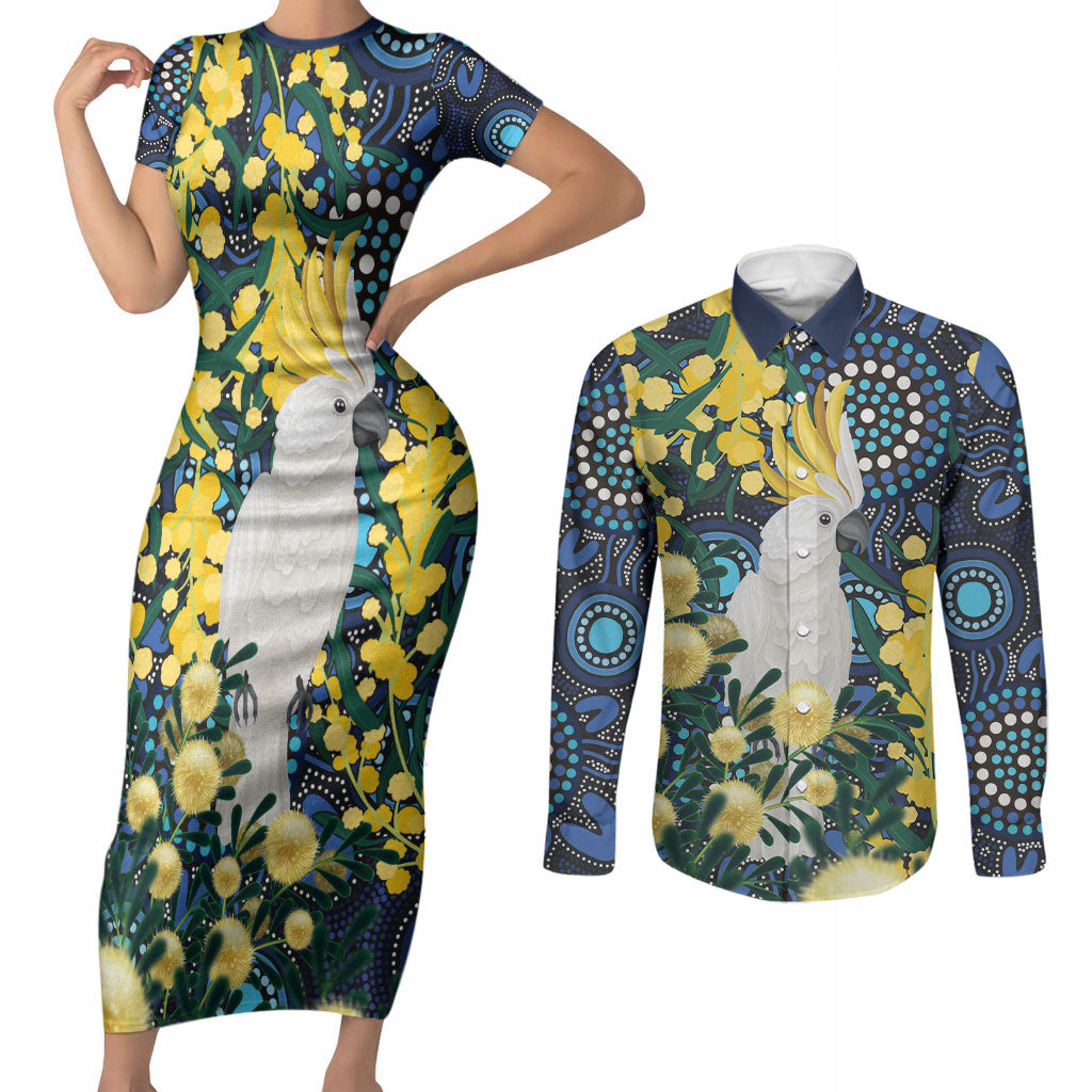 Australia Golden Wattle Couples Matching Short Sleeve Bodycon Dress and Long Sleeve Button Shirt Aussie Cockatoo Aboriginal Art