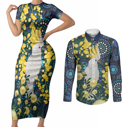 Australia Golden Wattle Couples Matching Short Sleeve Bodycon Dress and Long Sleeve Button Shirt Aussie Cockatoo Aboriginal Art
