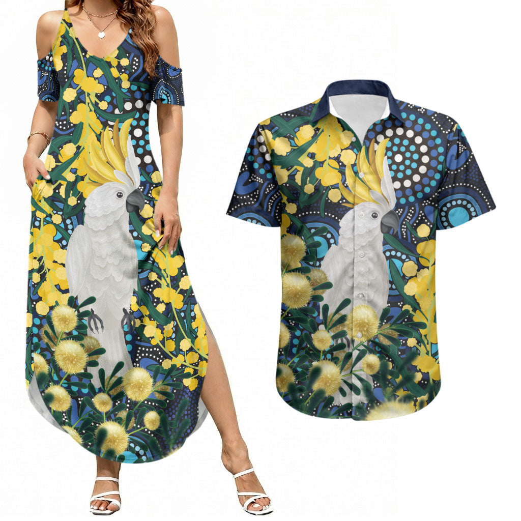 Australia Golden Wattle Couples Matching Summer Maxi Dress and Hawaiian Shirt Aussie Cockatoo Aboriginal Art