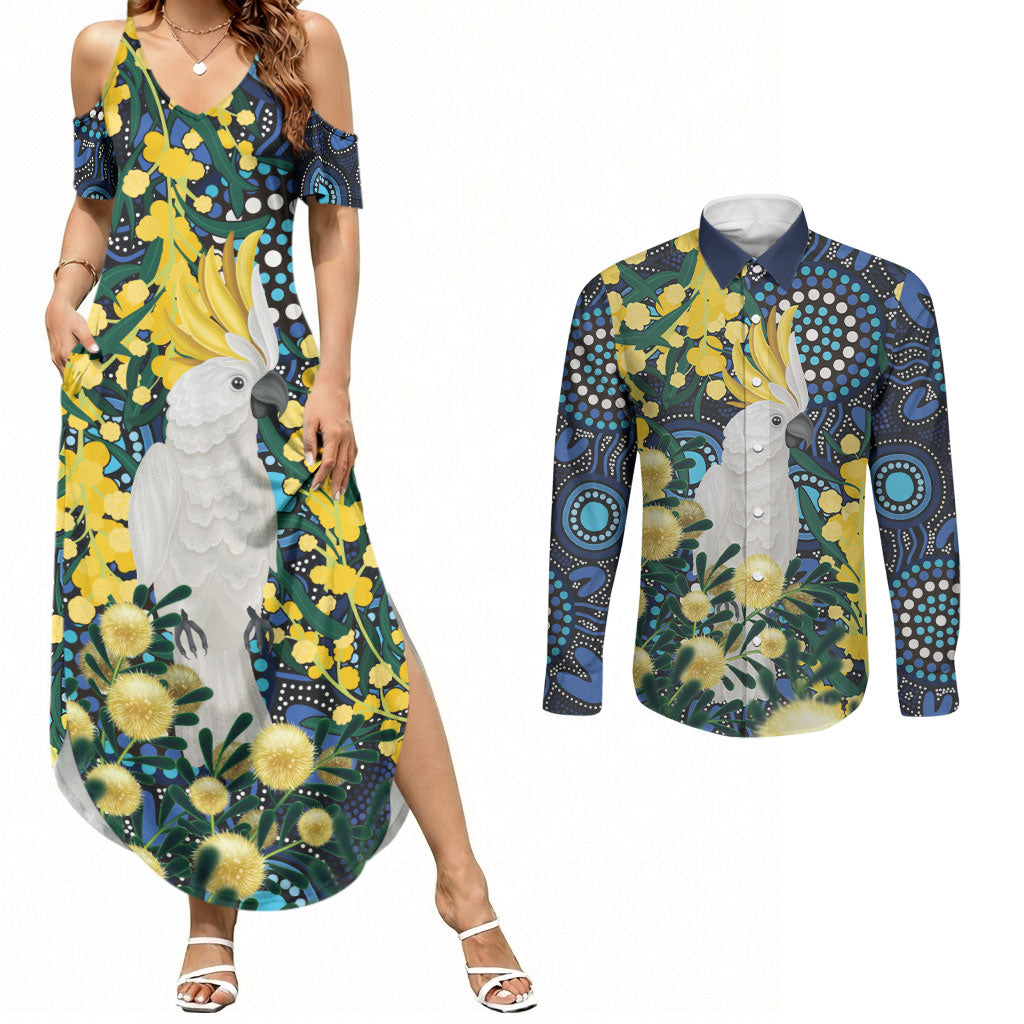 Australia Golden Wattle Couples Matching Summer Maxi Dress and Long Sleeve Button Shirt Aussie Cockatoo Aboriginal Art