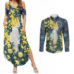 Australia Golden Wattle Couples Matching Summer Maxi Dress and Long Sleeve Button Shirt Aussie Cockatoo Aboriginal Art