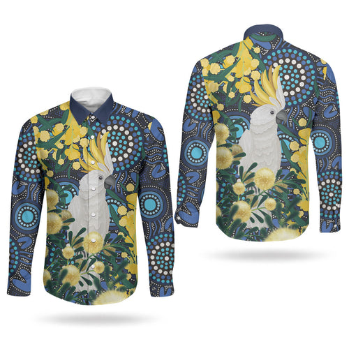 Australia Golden Wattle Couples Matching Summer Maxi Dress and Long Sleeve Button Shirt Aussie Cockatoo Aboriginal Art