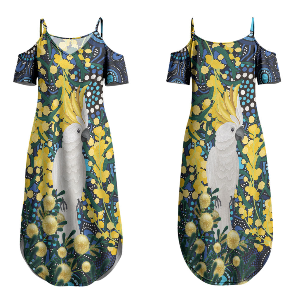 Australia Golden Wattle Couples Matching Summer Maxi Dress and Long Sleeve Button Shirt Aussie Cockatoo Aboriginal Art