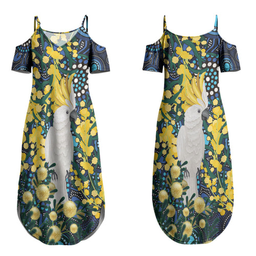 Australia Golden Wattle Couples Matching Summer Maxi Dress and Long Sleeve Button Shirt Aussie Cockatoo Aboriginal Art