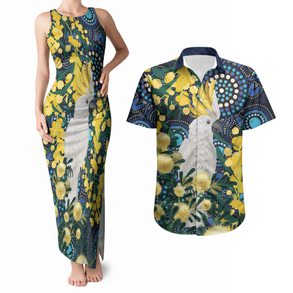 Australia Golden Wattle Couples Matching Tank Maxi Dress and Hawaiian Shirt Aussie Cockatoo Aboriginal Art