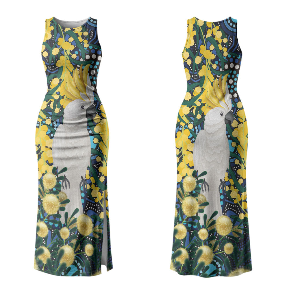 Australia Golden Wattle Couples Matching Tank Maxi Dress and Hawaiian Shirt Aussie Cockatoo Aboriginal Art