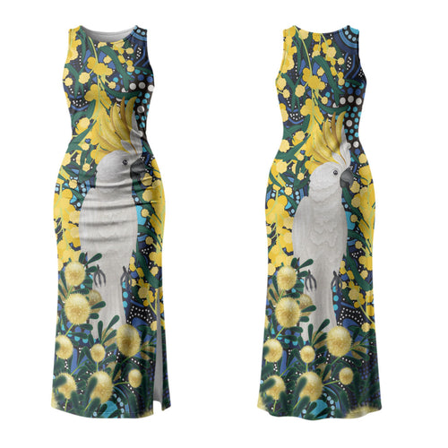 Australia Golden Wattle Couples Matching Tank Maxi Dress and Hawaiian Shirt Aussie Cockatoo Aboriginal Art