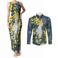 Australia Golden Wattle Couples Matching Tank Maxi Dress and Long Sleeve Button Shirt Aussie Cockatoo Aboriginal Art