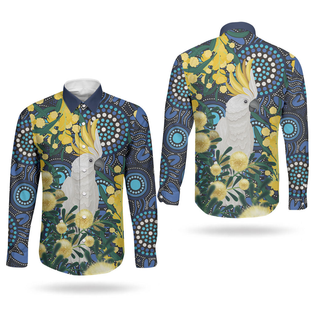Australia Golden Wattle Couples Matching Tank Maxi Dress and Long Sleeve Button Shirt Aussie Cockatoo Aboriginal Art