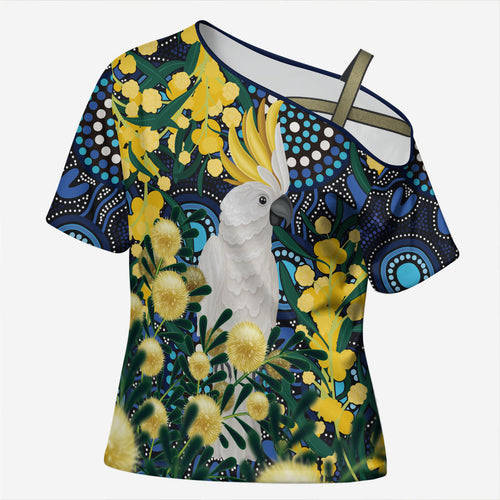 Australia Golden Wattle Cross Shoulder Shirt Aussie Cockatoo Aboriginal Art