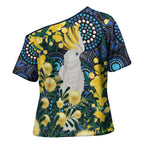 Australia Golden Wattle Cross Shoulder Shirt Aussie Cockatoo Aboriginal Art