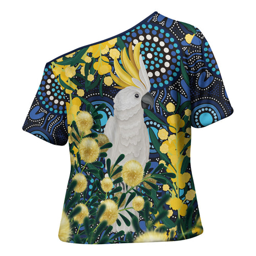Australia Golden Wattle Cross Shoulder Shirt Aussie Cockatoo Aboriginal Art