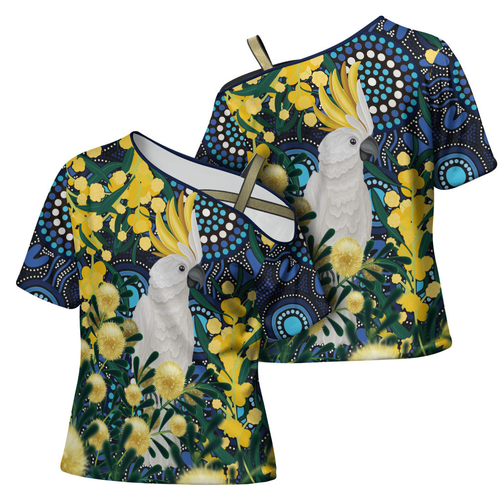 Australia Golden Wattle Cross Shoulder Shirt Aussie Cockatoo Aboriginal Art