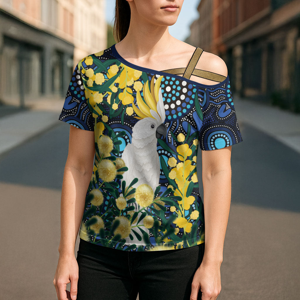 Australia Golden Wattle Cross Shoulder Shirt Aussie Cockatoo Aboriginal Art