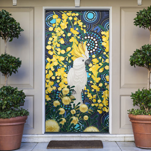 Australia Golden Wattle Door Cover Aussie Cockatoo Aboriginal Art