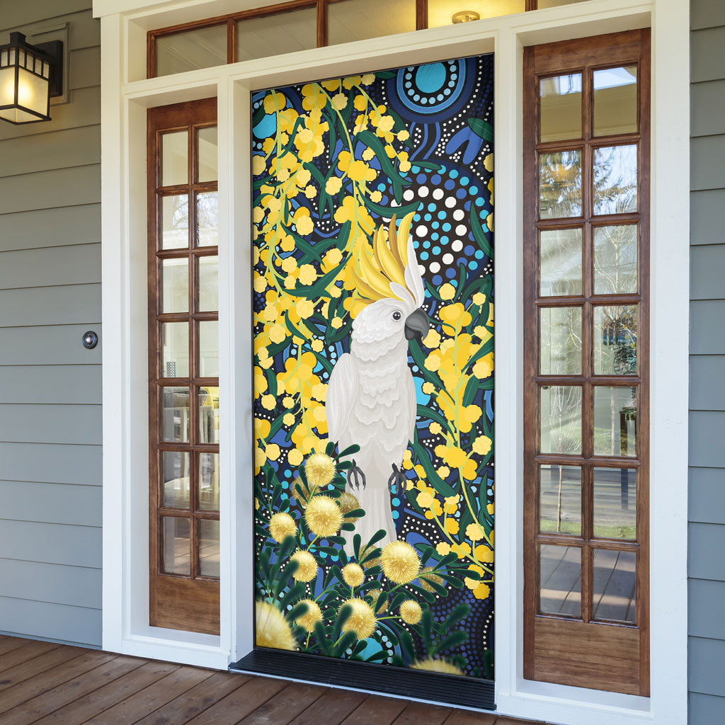 Australia Golden Wattle Door Cover Aussie Cockatoo Aboriginal Art