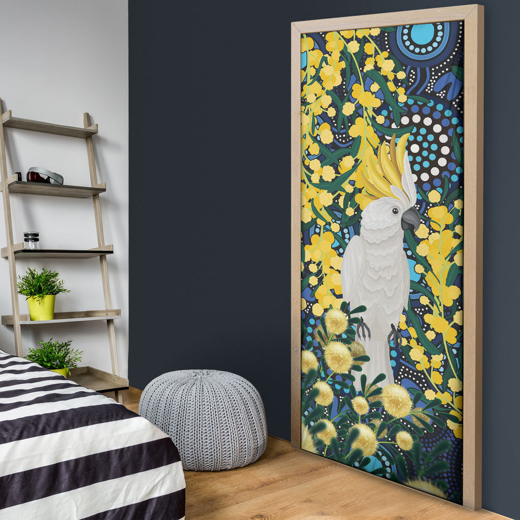Australia Golden Wattle Door Cover Aussie Cockatoo Aboriginal Art