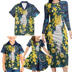 Australia Golden Wattle Family Matching Long Sleeve Bodycon Dress and Hawaiian Shirt Aussie Cockatoo Aboriginal Art