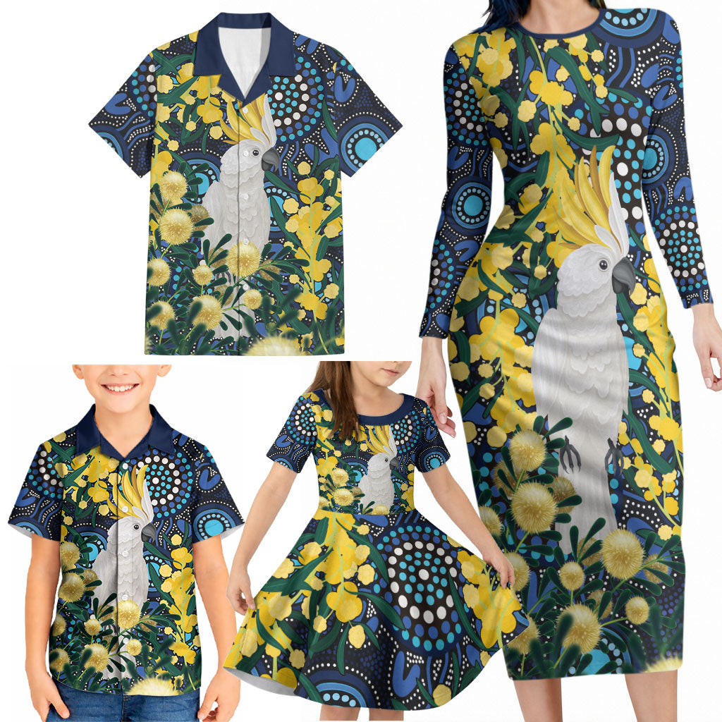 Australia Golden Wattle Family Matching Long Sleeve Bodycon Dress and Hawaiian Shirt Aussie Cockatoo Aboriginal Art