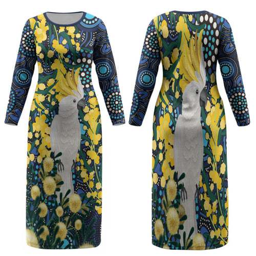 Australia Golden Wattle Family Matching Long Sleeve Bodycon Dress and Hawaiian Shirt Aussie Cockatoo Aboriginal Art