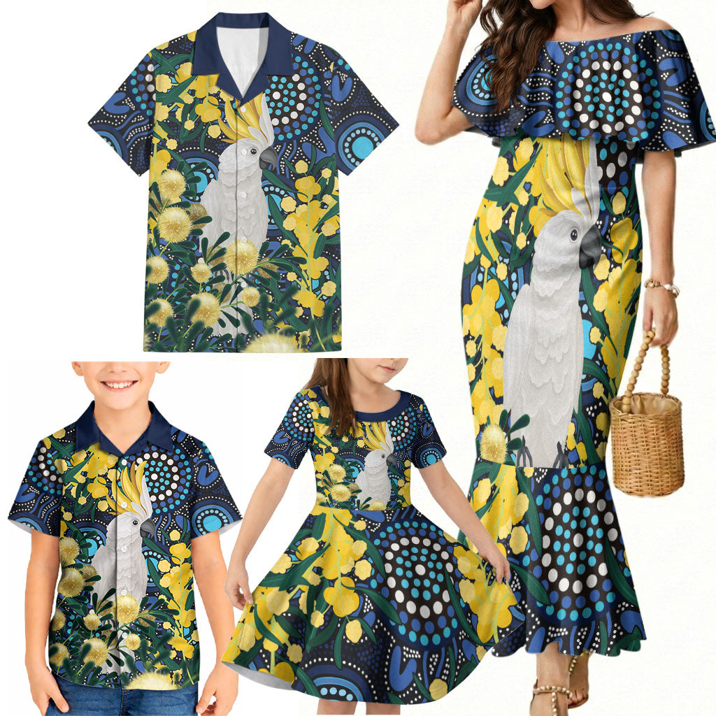 Australia Golden Wattle Family Matching Mermaid Dress and Hawaiian Shirt Aussie Cockatoo Aboriginal Art