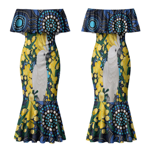 Australia Golden Wattle Family Matching Mermaid Dress and Hawaiian Shirt Aussie Cockatoo Aboriginal Art