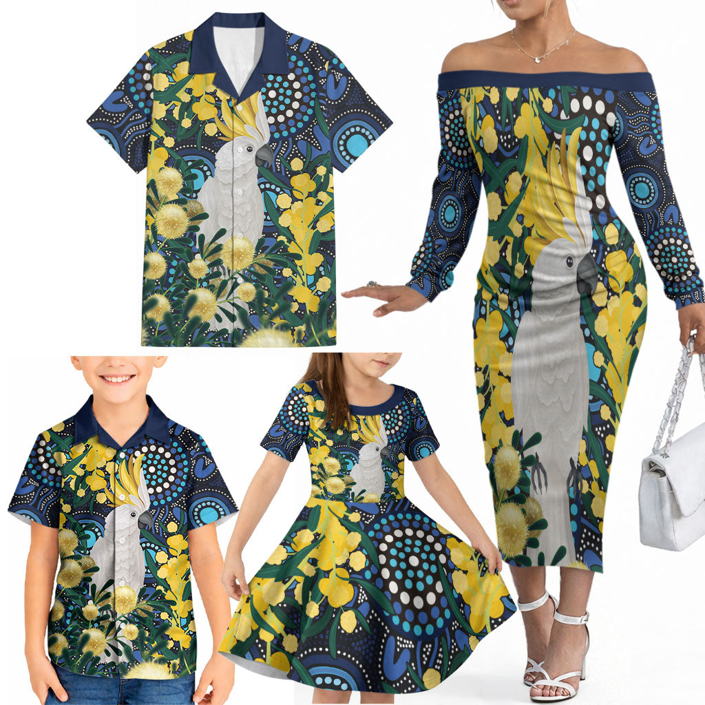 Australia Golden Wattle Family Matching Off The Shoulder Long Sleeve Dress and Hawaiian Shirt Aussie Cockatoo Aboriginal Art