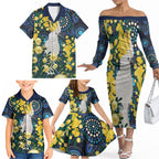 Australia Golden Wattle Family Matching Off The Shoulder Long Sleeve Dress and Hawaiian Shirt Aussie Cockatoo Aboriginal Art