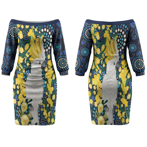 Australia Golden Wattle Family Matching Off The Shoulder Long Sleeve Dress and Hawaiian Shirt Aussie Cockatoo Aboriginal Art