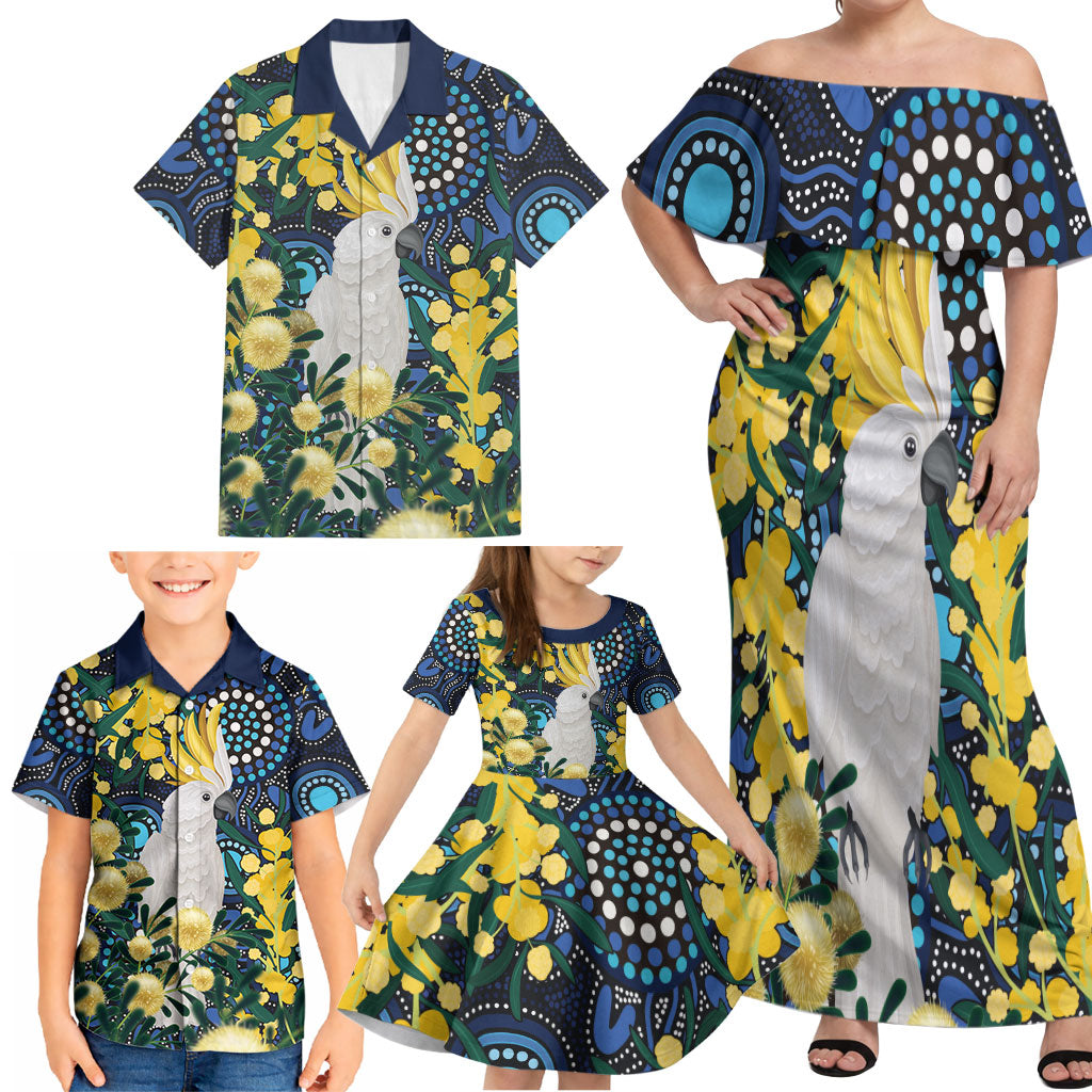 Australia Golden Wattle Family Matching Off Shoulder Maxi Dress and Hawaiian Shirt Aussie Cockatoo Aboriginal Art