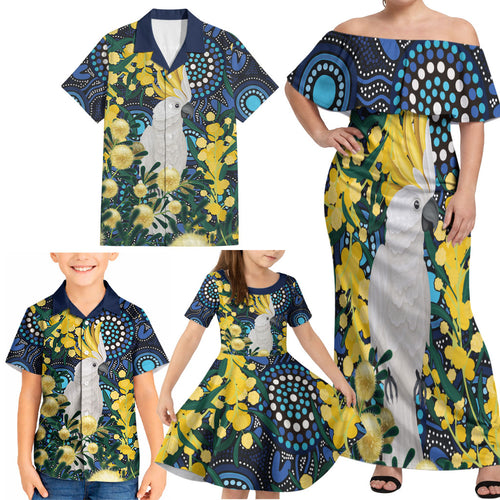 Australia Golden Wattle Family Matching Off Shoulder Maxi Dress and Hawaiian Shirt Aussie Cockatoo Aboriginal Art